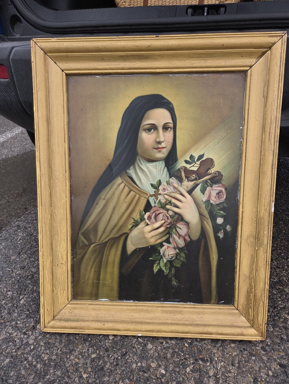 Large Vintage St. Thérèse of Lisieux "Little Flower" Tin Lithograph in Ornate Fr